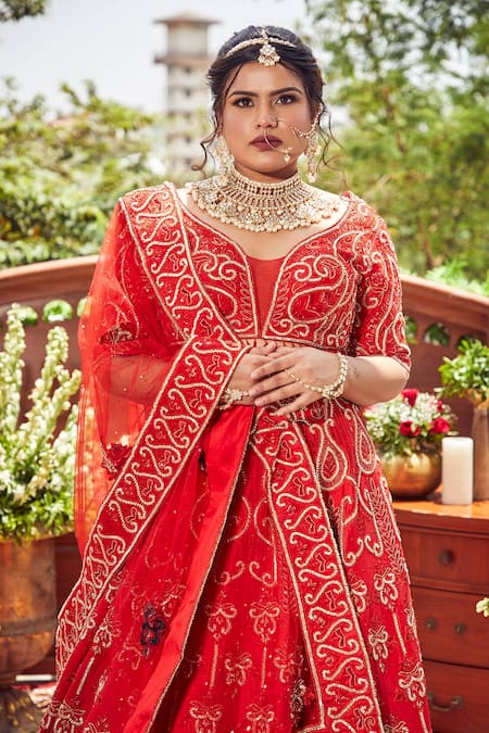 Buy Asra Red Raw Silk Bead Work, Sequins Round Floral Embroidered Bridal Lehenga Set Online at Aza Fashions Buy_Asra_Red Raw Silk Bead Work, Sequins Round Floral Embroidered Bridal Lehenga Set _Online_at_Aza_Fashions