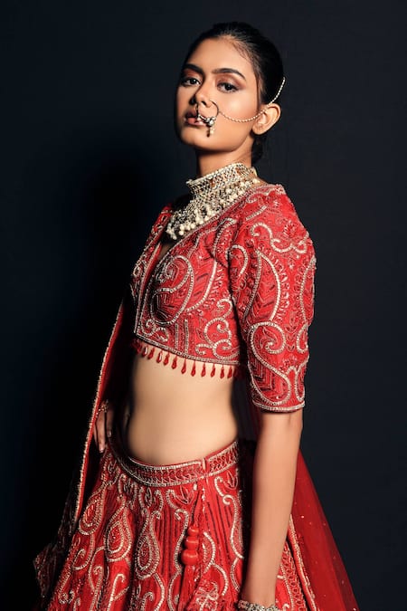 Shop Asra Red Raw Silk Bead Work, Sequins Round Floral Embroidered Bridal Lehenga Set Online at Aza Fashions Shop_Asra_Red Raw Silk Bead Work, Sequins Round Floral Embroidered Bridal Lehenga Set _Online_at_Aza_Fashions