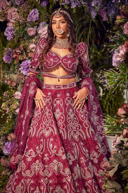 Asra Pink Raw Silk Bead Work, Sequins Leaf Neck Embroidered Bridal Lehenga Set 