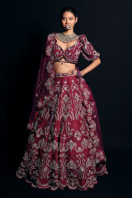 Shop Asra Pink Raw Silk Bead Work, Sequins Leaf Neck Embroidered Bridal Lehenga Set at Aza Fashions Shop_Asra_Pink Raw Silk Bead Work, Sequins Leaf Neck Embroidered Bridal Lehenga Set _at_Aza_Fashions