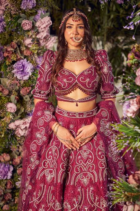 Asra Pink Raw Silk Bead Work, Sequins Leaf Neck Embroidered Bridal Lehenga Set Online at Aza Fashions Asra_Pink Raw Silk Bead Work, Sequins Leaf Neck Embroidered Bridal Lehenga Set _Online_at_Aza_Fashions