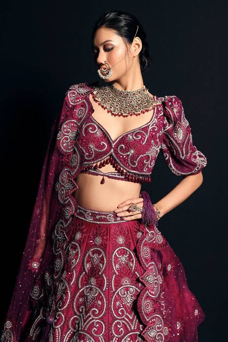 Buy Asra Pink Raw Silk Bead Work, Sequins Leaf Neck Embroidered Bridal Lehenga Set Online at Aza Fashions Buy_Asra_Pink Raw Silk Bead Work, Sequins Leaf Neck Embroidered Bridal Lehenga Set _Online_at_Aza_Fashions