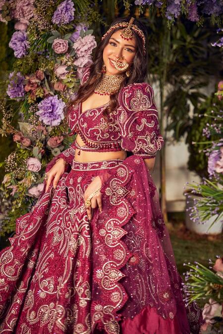 Shop Asra Pink Raw Silk Bead Work, Sequins Leaf Neck Embroidered Bridal Lehenga Set Online at Aza Fashions Shop_Asra_Pink Raw Silk Bead Work, Sequins Leaf Neck Embroidered Bridal Lehenga Set _Online_at_Aza_Fashions