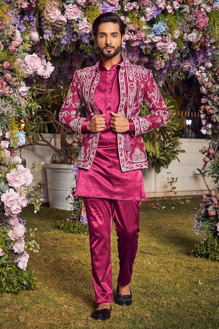 Asra Pink Raw Silk Embroidered Sequins Floral Sherwani Kurta Set 