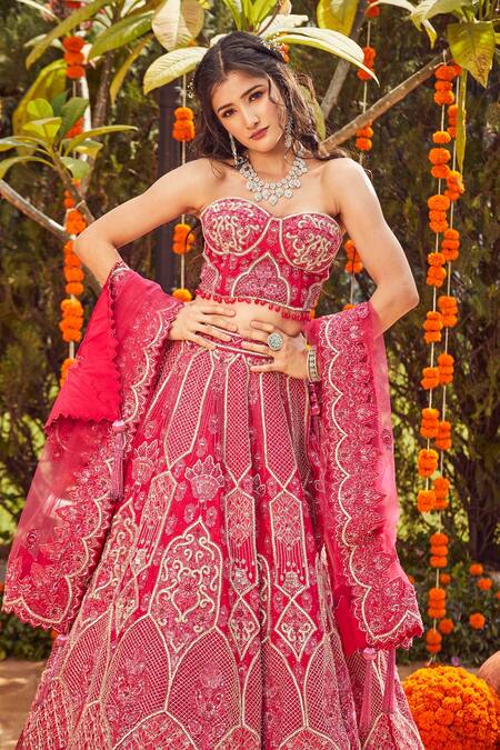 Asra Pink Raw Silk Bead Work, Sequins Embroidered Strapless Choli Lehenga Set Online at Aza Fashions Asra_Pink Raw Silk Bead Work, Sequins Embroidered Strapless Choli Lehenga Set _Online_at_Aza_Fashions