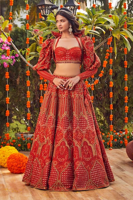 Asra Orange Raw Silk Bead Work, Sequins Sweetheart Embroidered Jacket Lehenga Set Online at Aza Fashions Asra_Orange Raw Silk Bead Work, Sequins Sweetheart Embroidered Jacket Lehenga Set _Online_at_Aza_Fashions