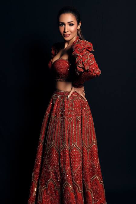 Shop Asra Orange Raw Silk Bead Work, Sequins Sweetheart Embroidered Jacket Lehenga Set Online at Aza Fashions Shop_Asra_Orange Raw Silk Bead Work, Sequins Sweetheart Embroidered Jacket Lehenga Set _Online_at_Aza_Fashions