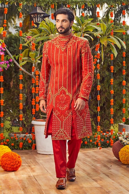 Asra_Orange Raw Silk Embroidered Sequins Sherwani Kurta Set _Online_at_Aza_Fashions