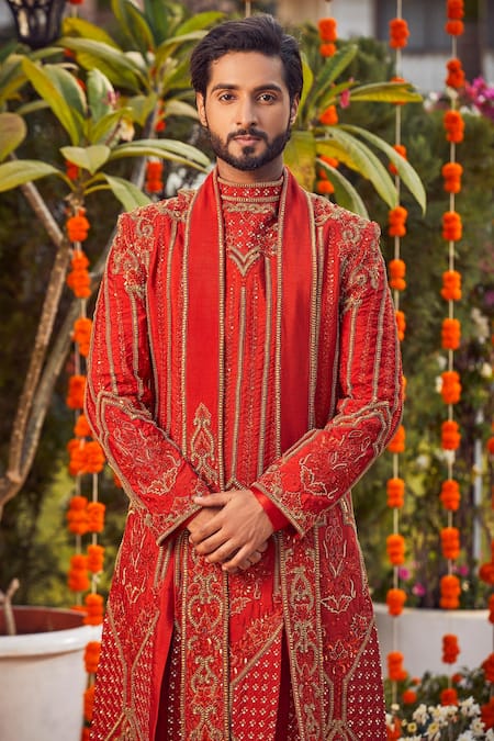 Buy_Asra_Orange Raw Silk Embroidered Sequins Sherwani Kurta Set _Online_at_Aza_Fashions