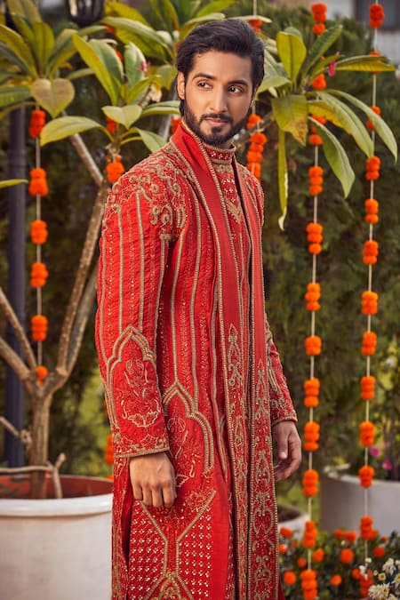 Shop_Asra_Orange Raw Silk Embroidered Sequins Sherwani Kurta Set _Online_at_Aza_Fashions