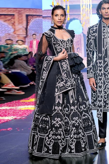 Shop Asra Black Raw Silk Bead Work, Sequins Embroidered Peplum Choli Lehenga Set at Aza Fashions Shop_Asra_Black Raw Silk Bead Work, Sequins Embroidered Peplum Choli Lehenga Set _at_Aza_Fashions