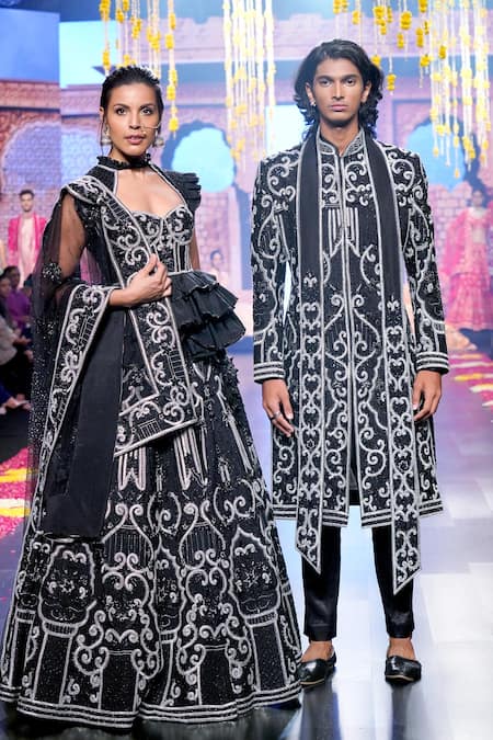 Asra Black Raw Silk Embroidered Sequins Bead Sherwani Kurta Set 