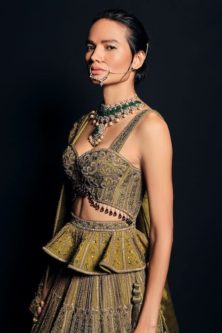 Shop Asra Green Raw Silk Bead Work, Sequins Embroidered Bustier Peplum Choli Lehenga Set at Aza Fashions Shop_Asra_Green Raw Silk Bead Work, Sequins Embroidered Bustier Peplum Choli Lehenga Set _at_Aza_Fashions