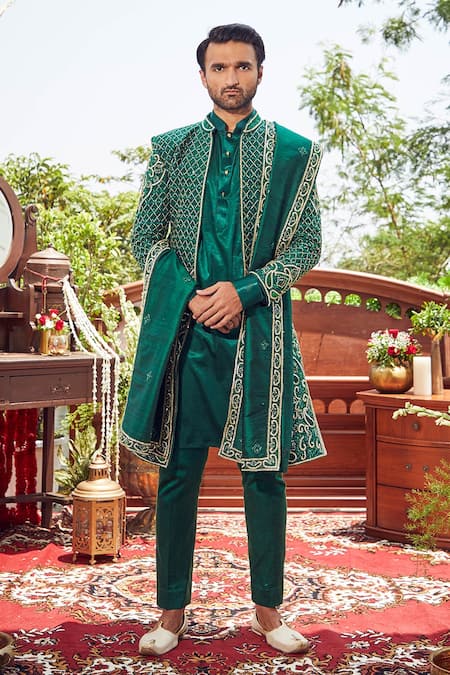 Asra Green Raw Silk Embroidered Sequins Paisley Sherwani Kurta Set 