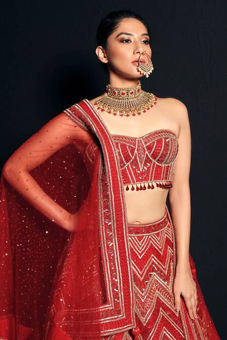 Asra_Red Raw Silk Bead Work, Sequins Embroidered Strapless Choli Lehenga Set _at_Aza_Fashions
