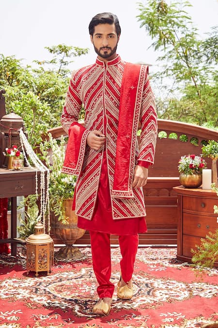 Asra Red Raw Silk Embroidered Sequins Geometric Sherwani Kurta Set 