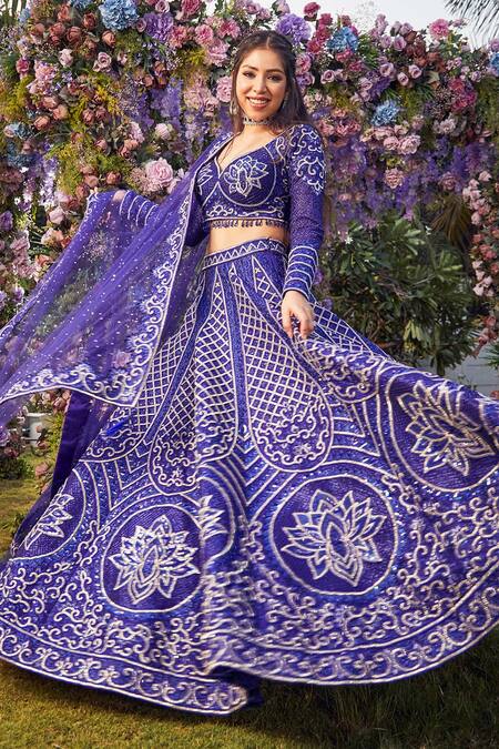 Asra_Blue Raw Silk Bead Work, Gota Work, Sequins Leaf Embroidered Bridal Lehenga Set _Online_at_Aza_Fashions