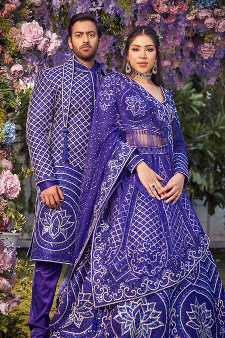 Buy_Asra_Blue Raw Silk Bead Work, Gota Work, Sequins Leaf Embroidered Bridal Lehenga Set _Online_at_Aza_Fashions