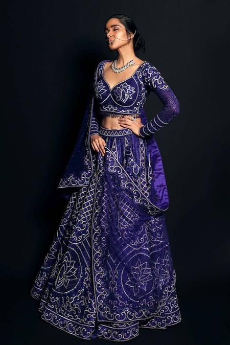 Shop_Asra_Blue Raw Silk Bead Work, Gota Work, Sequins Leaf Embroidered Bridal Lehenga Set _Online_at_Aza_Fashions