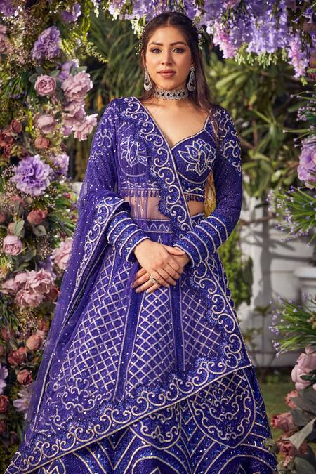 Asra_Blue Raw Silk Bead Work, Gota Work, Sequins Leaf Embroidered Bridal Lehenga Set _at_Aza_Fashions