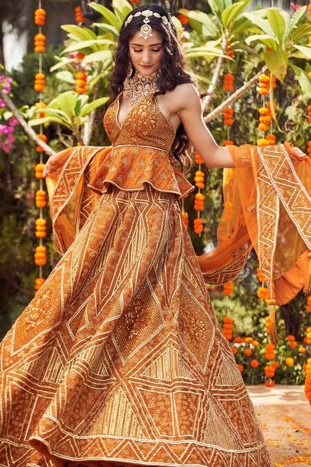 Asra Orange Raw Silk Bead Work, Sequins Embroidered Peplum Choli Lehenga Set Online at Aza Fashions Asra_Orange Raw Silk Bead Work, Sequins Embroidered Peplum Choli Lehenga Set _Online_at_Aza_Fashions