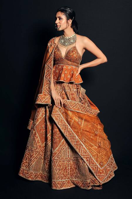 Buy Asra Orange Raw Silk Bead Work, Sequins Embroidered Peplum Choli Lehenga Set Online at Aza Fashions Buy_Asra_Orange Raw Silk Bead Work, Sequins Embroidered Peplum Choli Lehenga Set _Online_at_Aza_Fashions