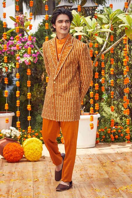 Asra Orange Raw Silk, Mashru Satin Bead Embroidered Coat Style Sherwani Kurta Set Online at Aza Fashions Asra_Orange Raw Silk, Mashru Satin Bead Embroidered Coat Style Sherwani Kurta Set _Online_at_Aza_Fashions