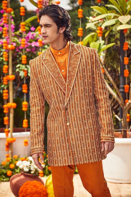 Buy Asra Orange Raw Silk, Mashru Satin Bead Embroidered Coat Style Sherwani Kurta Set Online at Aza Fashions Buy_Asra_Orange Raw Silk, Mashru Satin Bead Embroidered Coat Style Sherwani Kurta Set _Online_at_Aza_Fashions