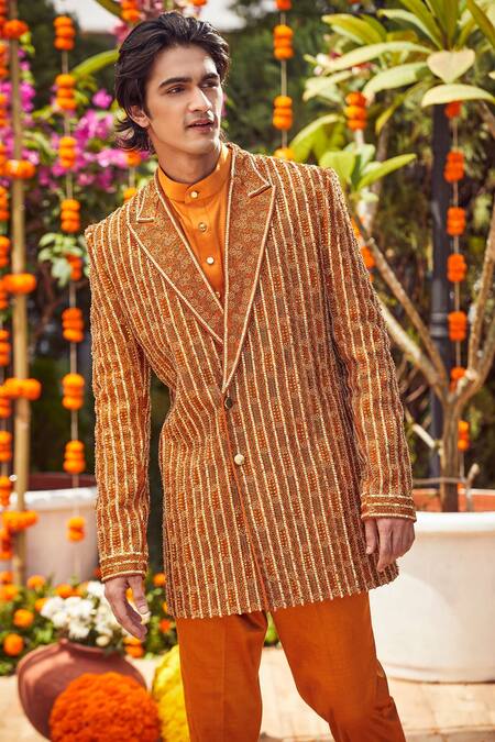 Shop Asra Orange Raw Silk, Mashru Satin Bead Embroidered Coat Style Sherwani Kurta Set Online at Aza Fashions Shop_Asra_Orange Raw Silk, Mashru Satin Bead Embroidered Coat Style Sherwani Kurta Set _Online_at_Aza_Fashions
