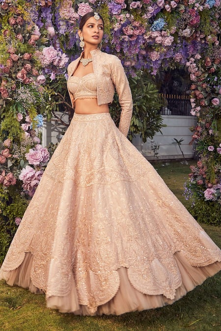Embroidered Georgette Jacket Style Lehenga in Peach : LCC67