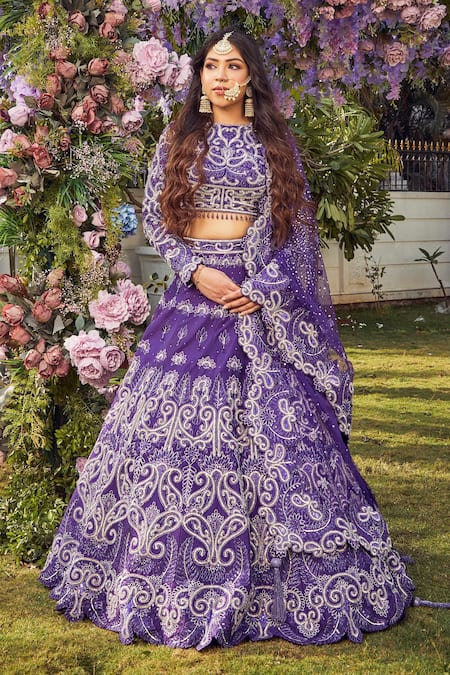 Asra Purple Raw Silk Bead Work, Sequins High Floral Embroidered Bridal Lehenga Set