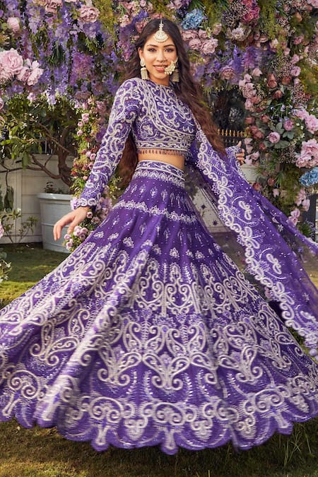 Shop Asra Purple Raw Silk Bead Work, Sequins High Floral Embroidered Bridal Lehenga Set at Aza Fashions Shop_Asra_Purple Raw Silk Bead Work, Sequins High Floral Embroidered Bridal Lehenga Set _at_Aza_Fashions