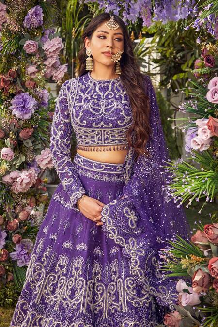 Asra Purple Raw Silk Bead Work, Sequins High Floral Embroidered Bridal Lehenga Set Online at Aza Fashions Asra_Purple Raw Silk Bead Work, Sequins High Floral Embroidered Bridal Lehenga Set _Online_at_Aza_Fashions