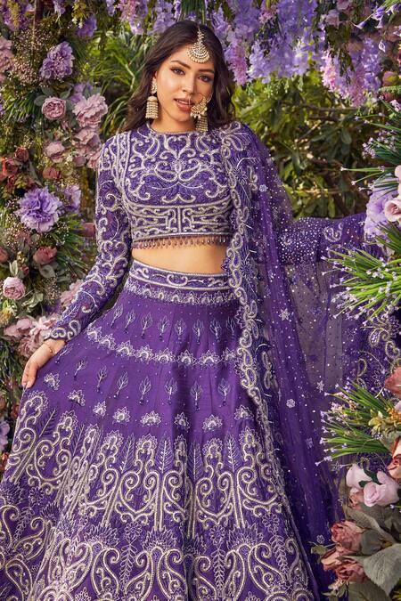 Buy Asra Purple Raw Silk Bead Work, Sequins High Floral Embroidered Bridal Lehenga Set Online at Aza Fashions Buy_Asra_Purple Raw Silk Bead Work, Sequins High Floral Embroidered Bridal Lehenga Set _Online_at_Aza_Fashions