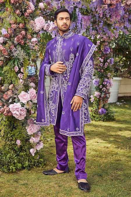 Asra Purple Raw Silk Embroidered Sequins Floral Sherwani Kurta Set 