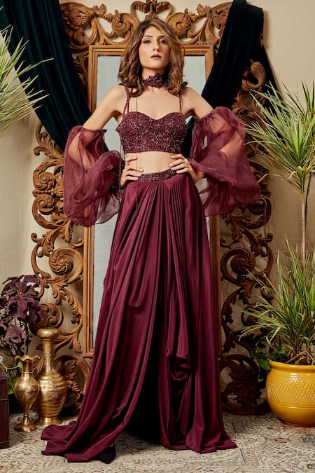 Asra Maroon Organza, Net, Crepe Sweetheart Neck Balloon Sleeve Blouse And Skirt Set 