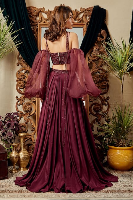 Shop Asra Maroon Organza, Net, Crepe Sweetheart Neck Balloon Sleeve Blouse And Skirt Set at Aza Fashions Shop_Asra_Maroon Organza, Net, Crepe Sweetheart Neck Balloon Sleeve Blouse And Skirt Set _at_Aza_Fashions