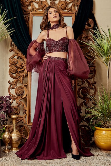 Asra Maroon Organza, Net, Crepe Sweetheart Neck Balloon Sleeve Blouse And Skirt Set Online at Aza Fashions Asra_Maroon Organza, Net, Crepe Sweetheart Neck Balloon Sleeve Blouse And Skirt Set _Online_at_Aza_Fashions