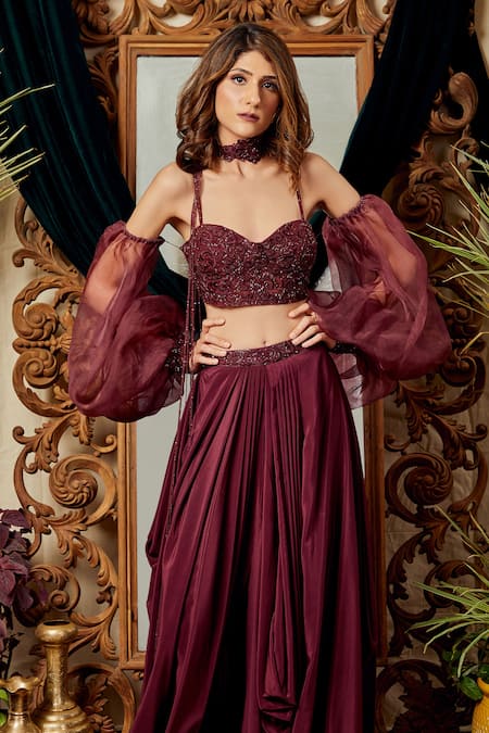 Buy Asra Maroon Organza, Net, Crepe Sweetheart Neck Balloon Sleeve Blouse And Skirt Set Online at Aza Fashions Buy_Asra_Maroon Organza, Net, Crepe Sweetheart Neck Balloon Sleeve Blouse And Skirt Set _Online_at_Aza_Fashions