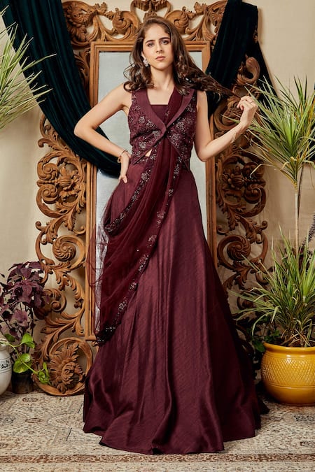 Asra Maroon Raw Silk, Net Notched Lapel Embroidered Jacket Lehenga Set 
