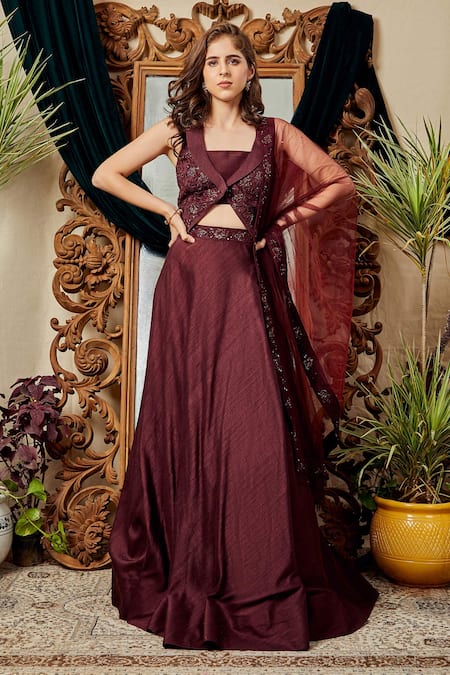 Asra_Maroon Raw Silk, Net Notched Lapel Embroidered Jacket Lehenga Set _Online_at_Aza_Fashions
