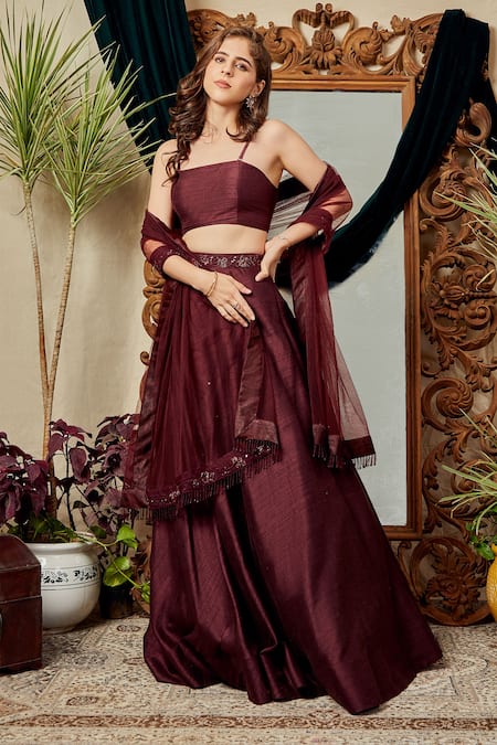 Buy_Asra_Maroon Raw Silk, Net Notched Lapel Embroidered Jacket Lehenga Set _Online_at_Aza_Fashions