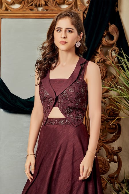 Shop_Asra_Maroon Raw Silk, Net Notched Lapel Embroidered Jacket Lehenga Set _Online_at_Aza_Fashions