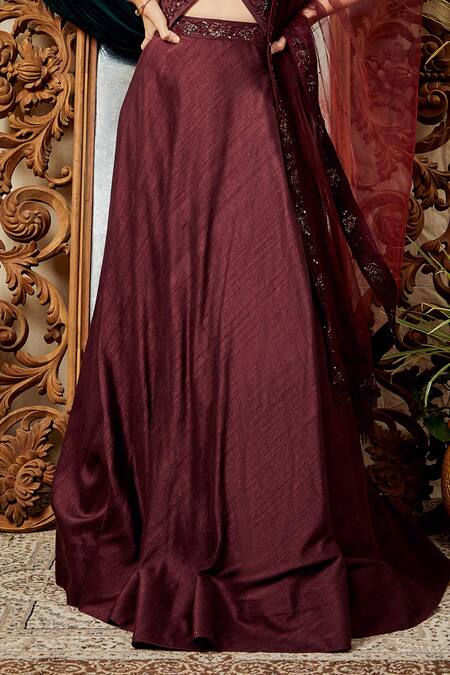 Asra_Maroon Raw Silk, Net Notched Lapel Embroidered Jacket Lehenga Set _at_Aza_Fashions