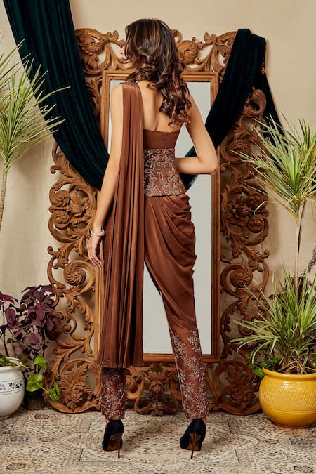 Shop Asra Brown Raw Silk, Italian Crepe Asymmetric Pre-draped Saree And Pant Set at Aza Fashions Shop_Asra_Brown Raw Silk, Italian Crepe Asymmetric Pre-draped Saree And Pant Set _at_Aza_Fashions