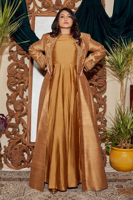 Buy Asra Gold Raw Silk, Net, Chanderi Notched Lapel Embroidered Jacket And Anarkali Set Online at Aza Fashions Buy_Asra_Gold Raw Silk, Net, Chanderi Notched Lapel Embroidered Jacket And Anarkali Set _Online_at_Aza_Fashions
