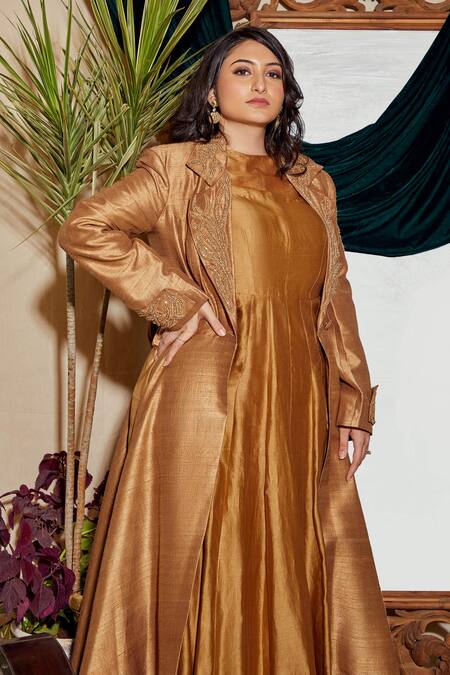 Asra Gold Raw Silk, Net, Chanderi Notched Lapel Embroidered Jacket And Anarkali Set at Aza Fashions Asra_Gold Raw Silk, Net, Chanderi Notched Lapel Embroidered Jacket And Anarkali Set _at_Aza_Fashions