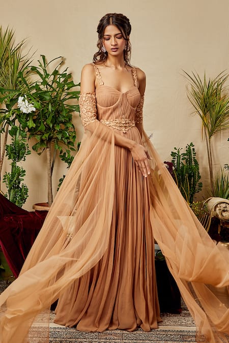 Asra Beige Net, Georgette Sweetheart Neck Cold Shoulder Gown Online at Aza Fashions Asra_Beige Net, Georgette Sweetheart Neck Cold Shoulder Gown _Online_at_Aza_Fashions