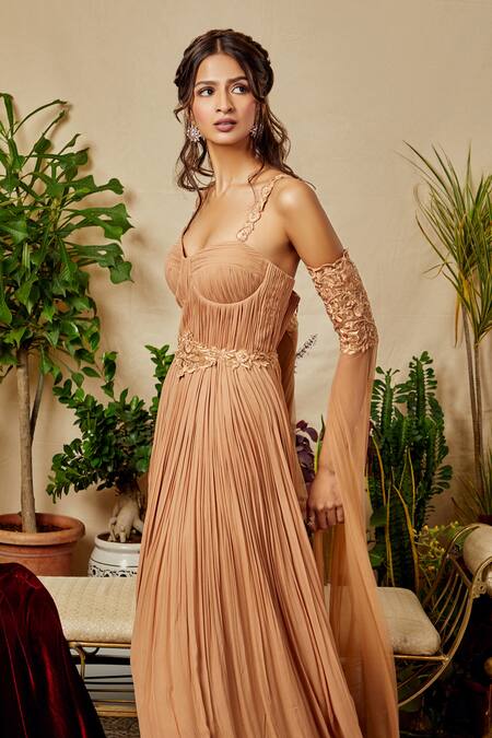 Shop Asra Beige Net, Georgette Sweetheart Neck Cold Shoulder Gown Online at Aza Fashions Shop_Asra_Beige Net, Georgette Sweetheart Neck Cold Shoulder Gown _Online_at_Aza_Fashions