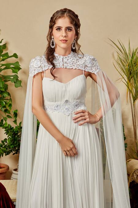 Buy Asra White Net, Georgette Gown Scoop Neck Gathered With Cape Online at Aza Fashions Buy_Asra_White Net, Georgette Gown Scoop Neck Gathered With Cape _Online_at_Aza_Fashions